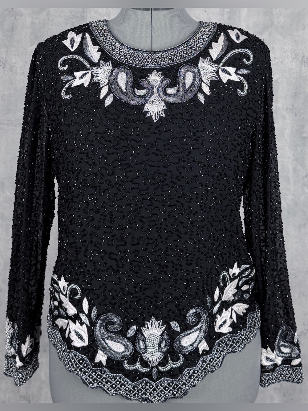 Drapers Damons Evening Blouse M Black Heavily Beaded Embroidered Paisley Top